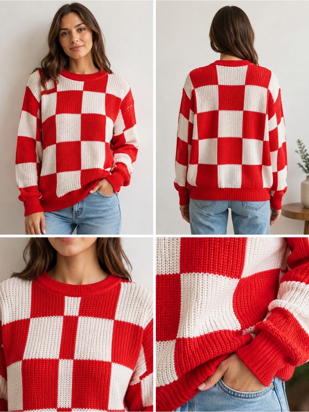 ROMWE Red & White Checker Crewneck Sweater